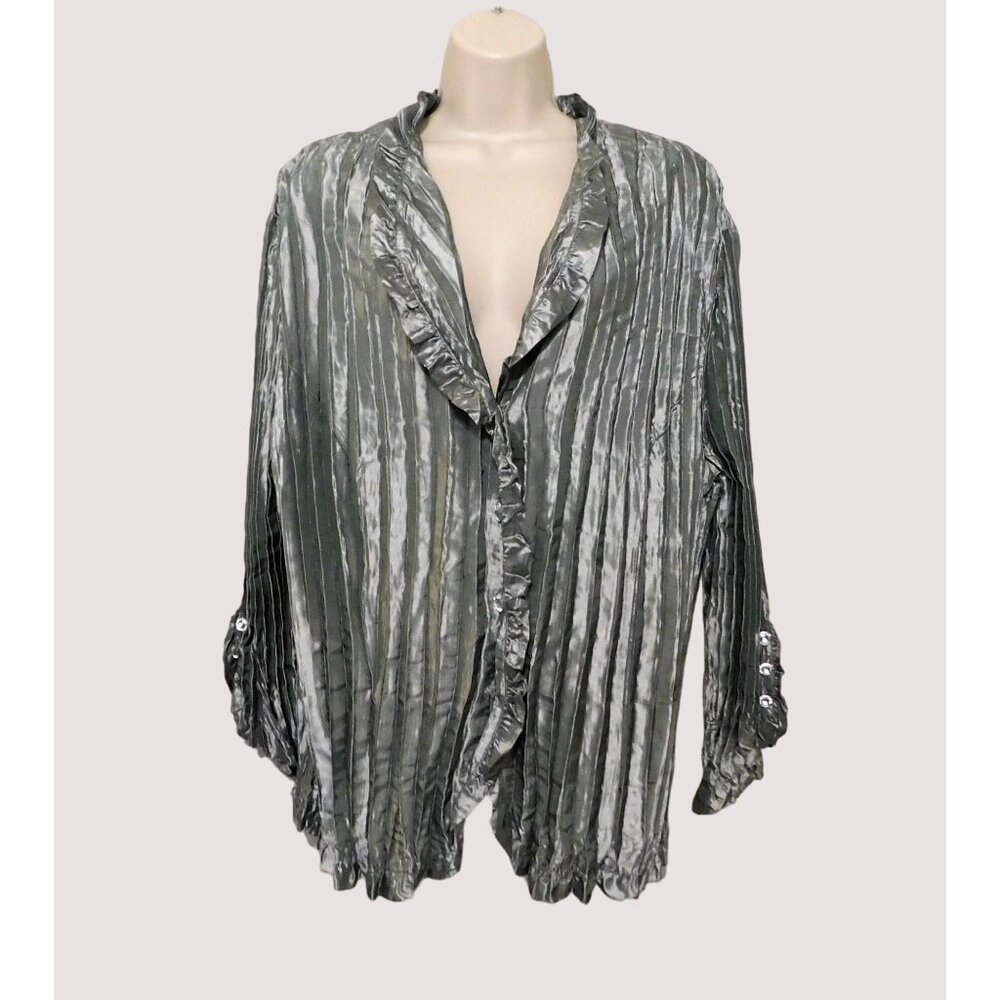 MSK Blouse Women 3X Silver Gunmetal Gray Metallic Pleated 3/4 Sleeve Stretch